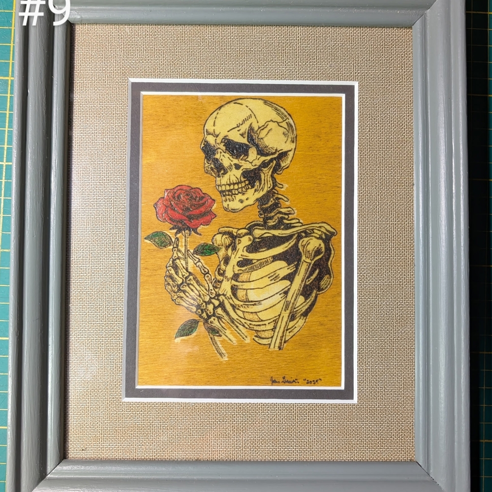 Framed Skeleton Art with Red Rose